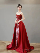 Burgundy Satin Sequins Long Prom Party Dress